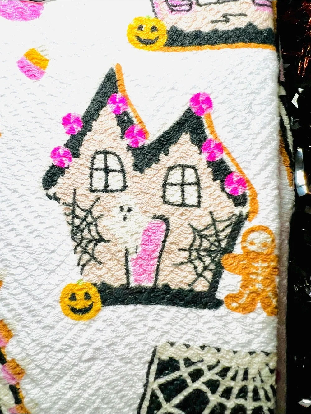 3 Halloween Gingerbread Cottage House Kitchen Towels Ghost Bat Cookies Candy